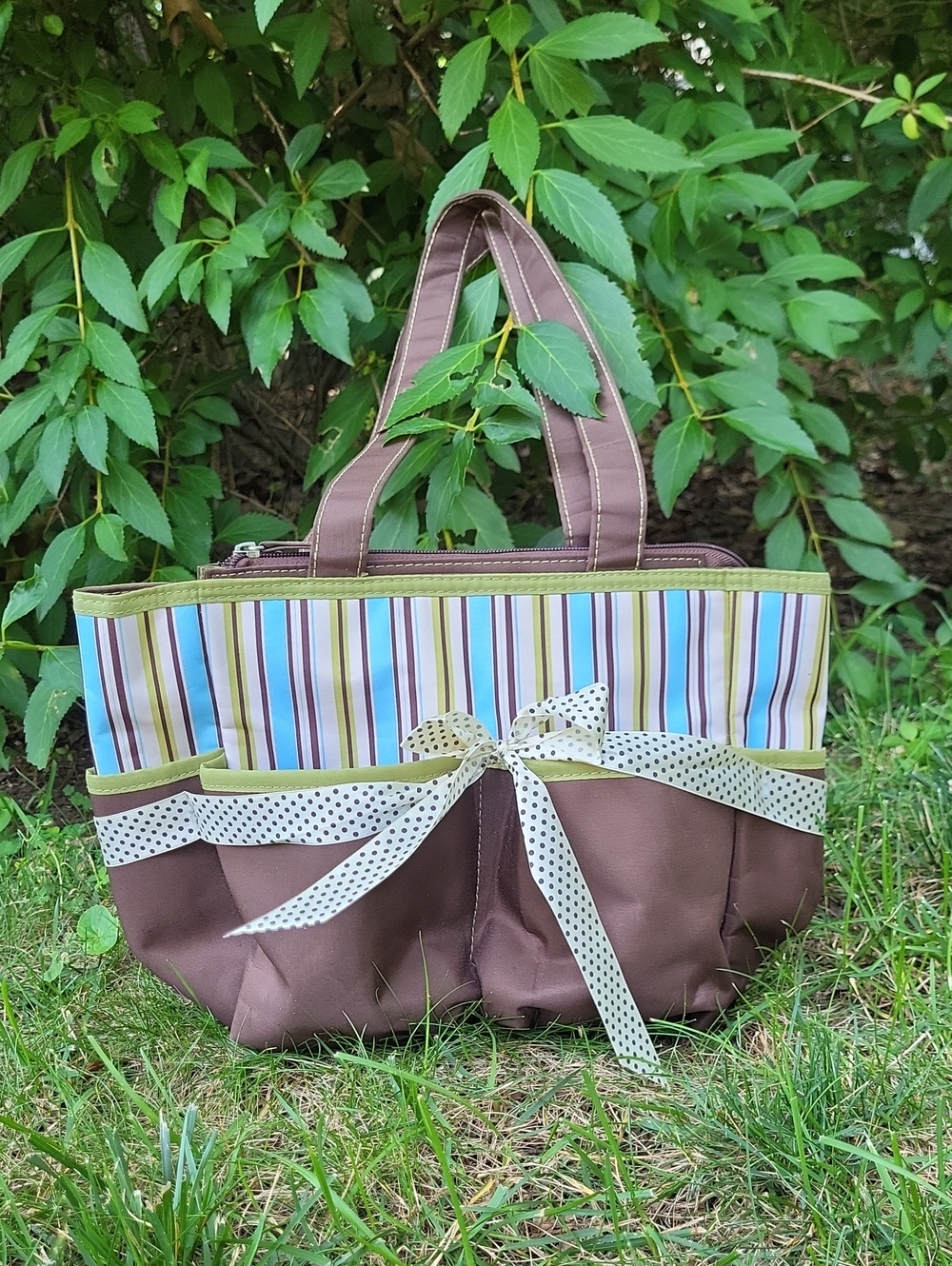 Babies R US Striped Brown Tote Bag Polka Dot Bow. Top Zip Closure.